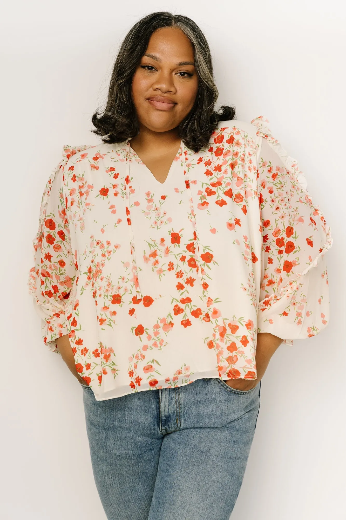 Karlie Long Sleeve Ruffle Top | Ivory + Red Multi sold by Baltic Born product image thumbnail 5