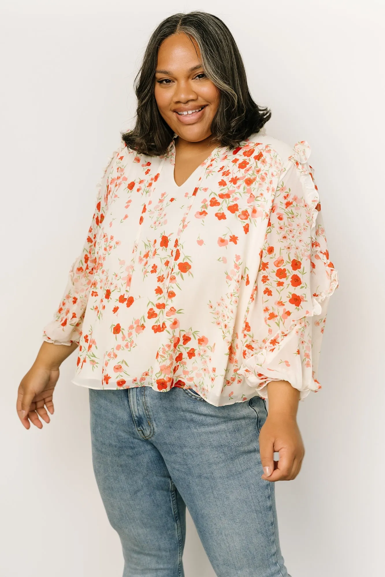 Karlie Long Sleeve Ruffle Top | Ivory + Red Multi sold by Baltic Born product image thumbnail 2