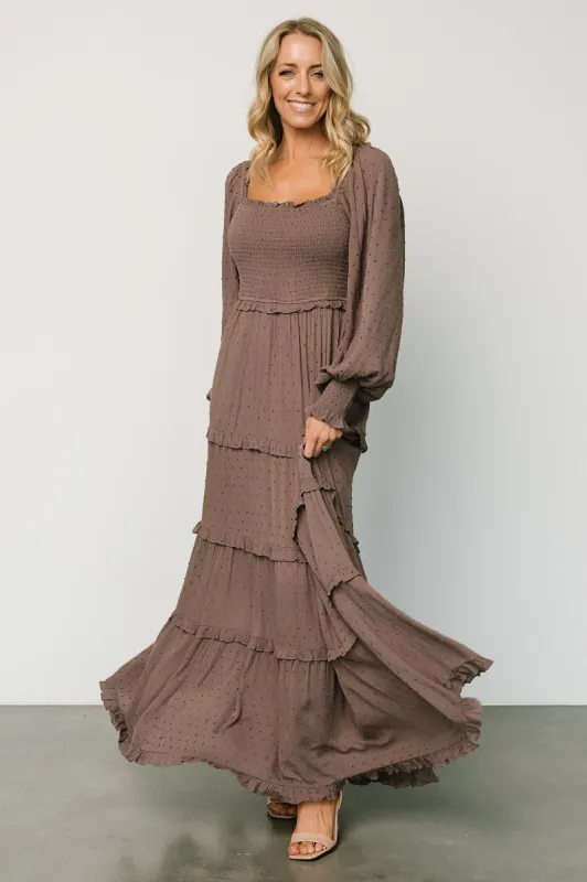Amanda Smocked Dotted Maxi Dress | Brown sold by Baltic Born