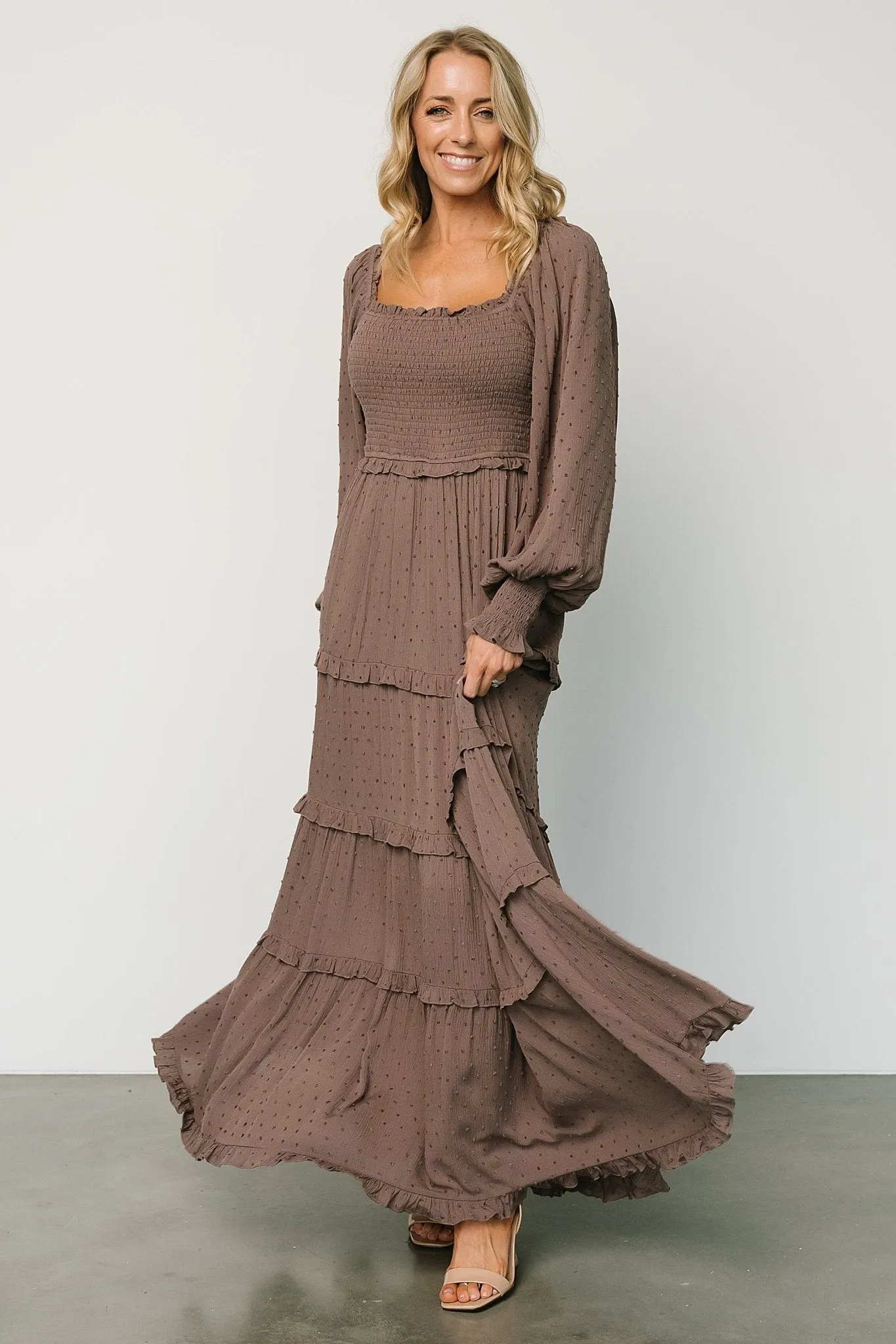 Amanda Smocked Dotted Maxi Dress | Brown sold by Baltic Born