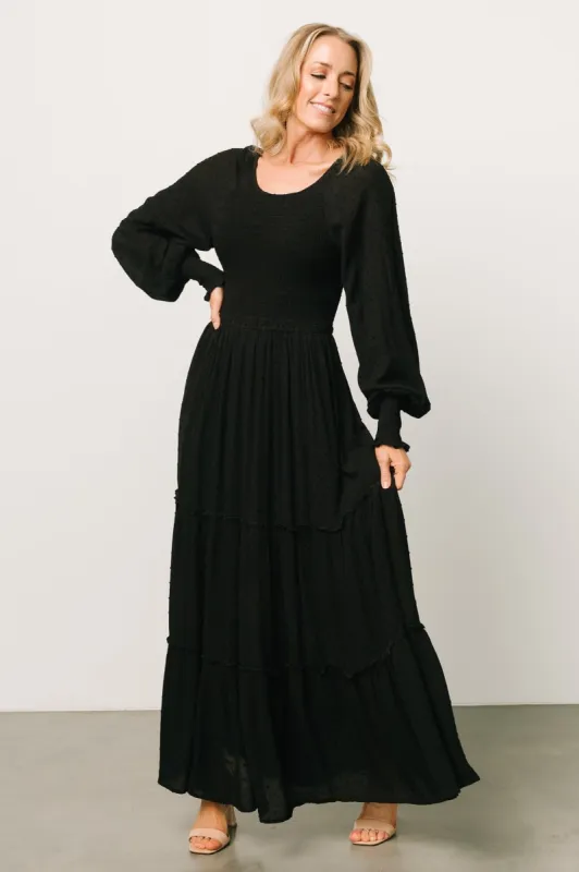 Bayley Smocked Dotted Maxi Dress | Black sold by Baltic Born