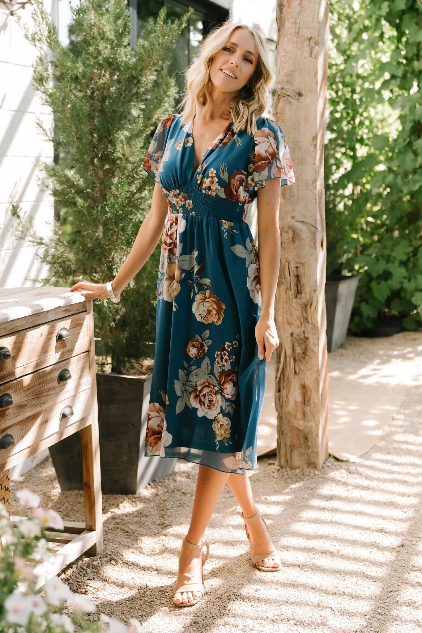 Sarah Smocked Midi Dress | Blue Floral sold by Baltic Born
