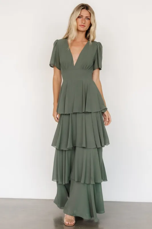 Montaigne Ruffle Maxi Dress | Dark Sage sold by Baltic Born