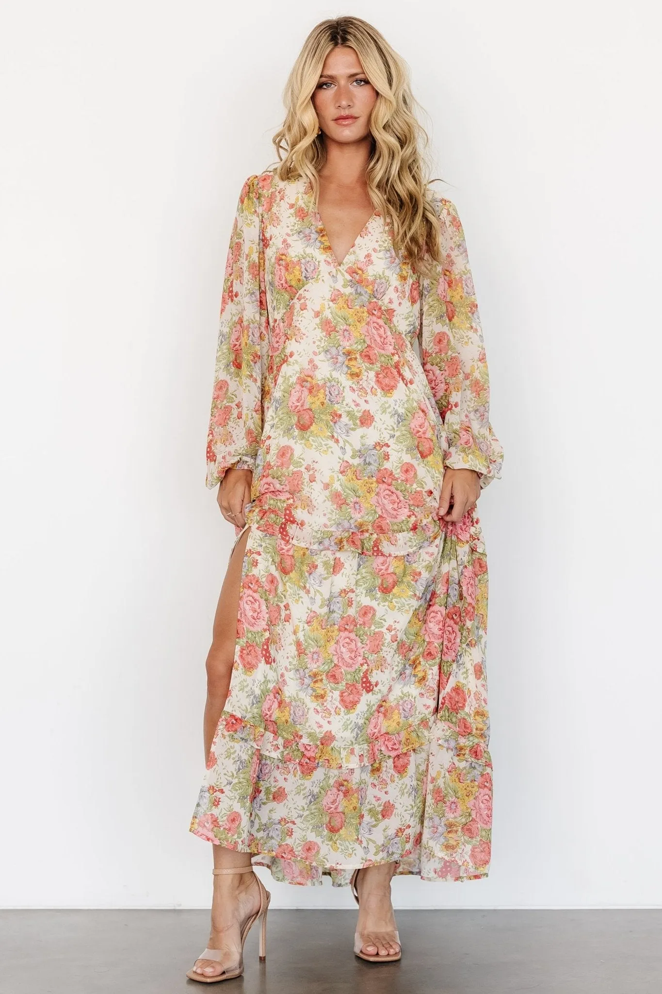 Bowman Deep V Maxi Dress | Cream Multi Floral sold by Baltic Born