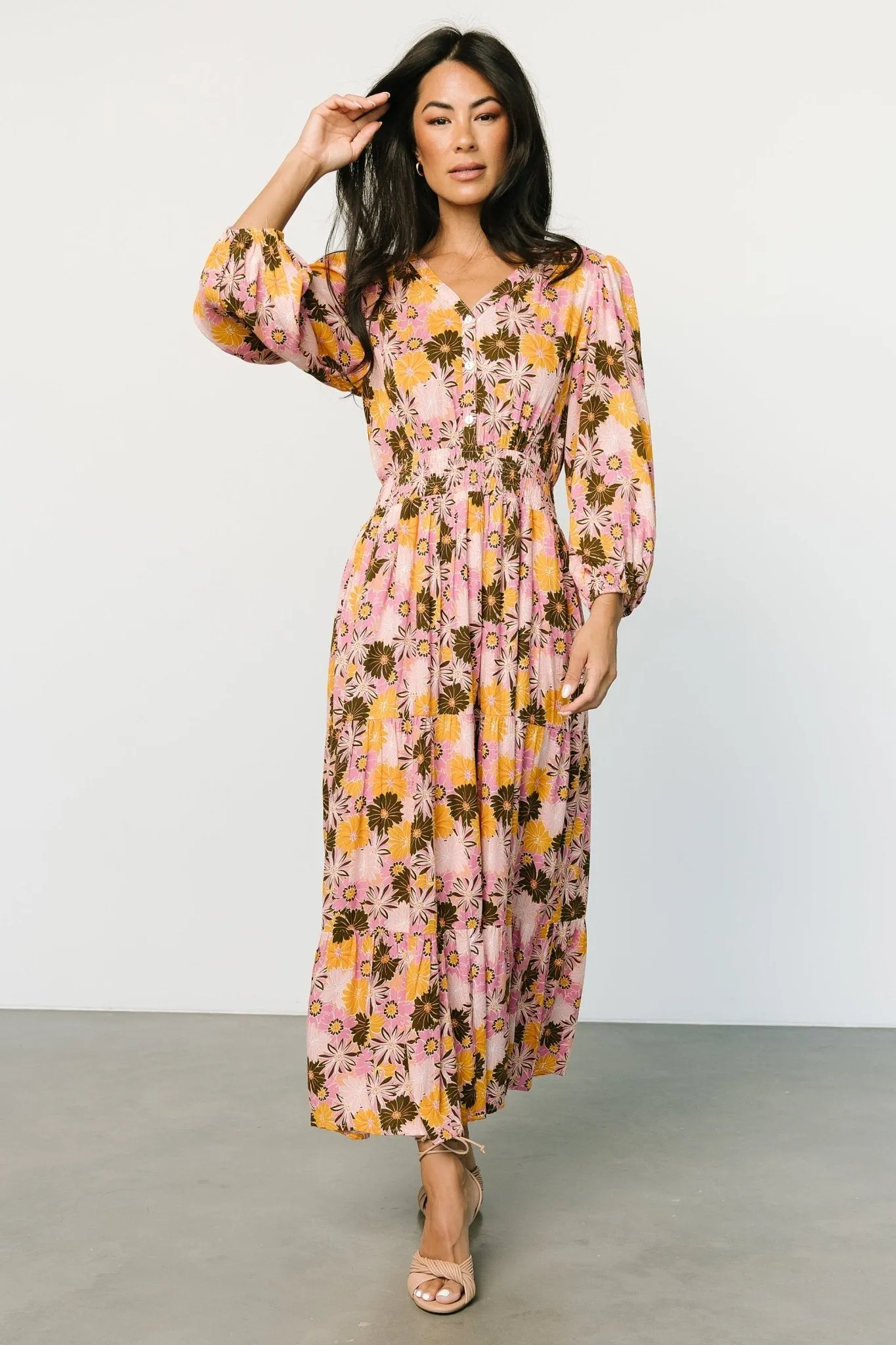Noa Tiered Midi Dress | Pink + Mustard sold by Baltic Born