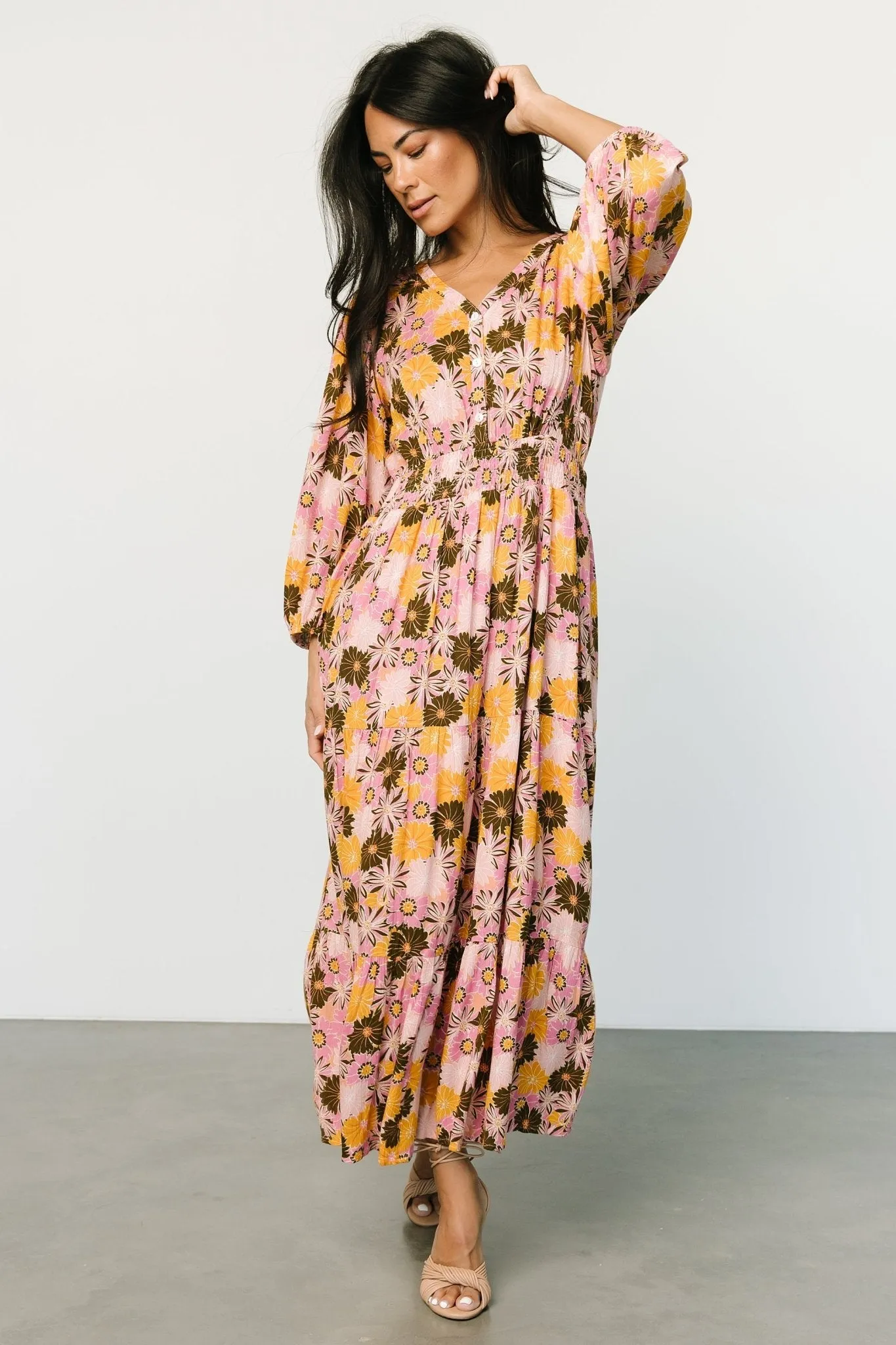 Noa Tiered Midi Dress | Pink + Mustard sold by Baltic Born product image thumbnail 5