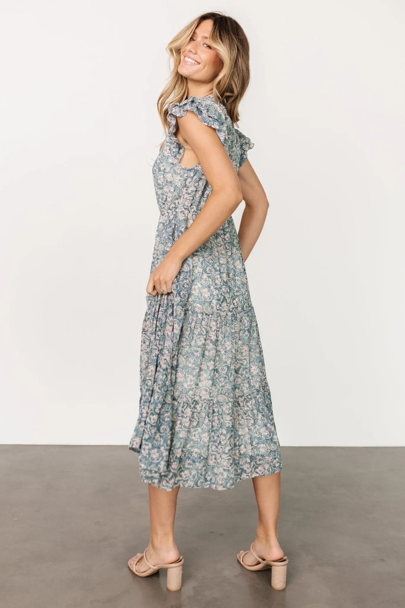 Azia Ruffle Sleeve Midi Dress | Blue + Pink sold by Baltic Born product image thumbnail 3