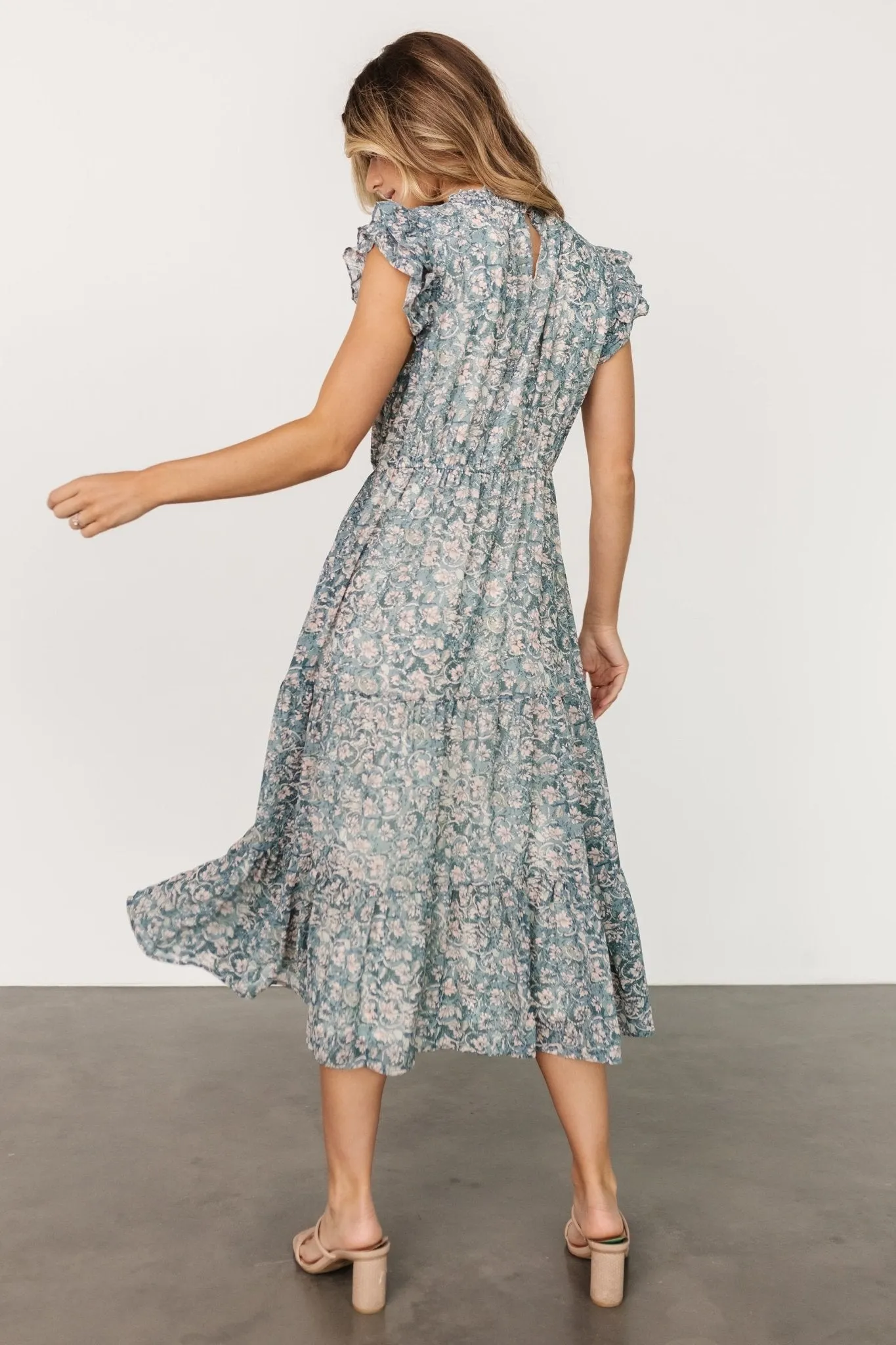 Azia Ruffle Sleeve Midi Dress | Blue + Pink sold by Baltic Born product image thumbnail 4