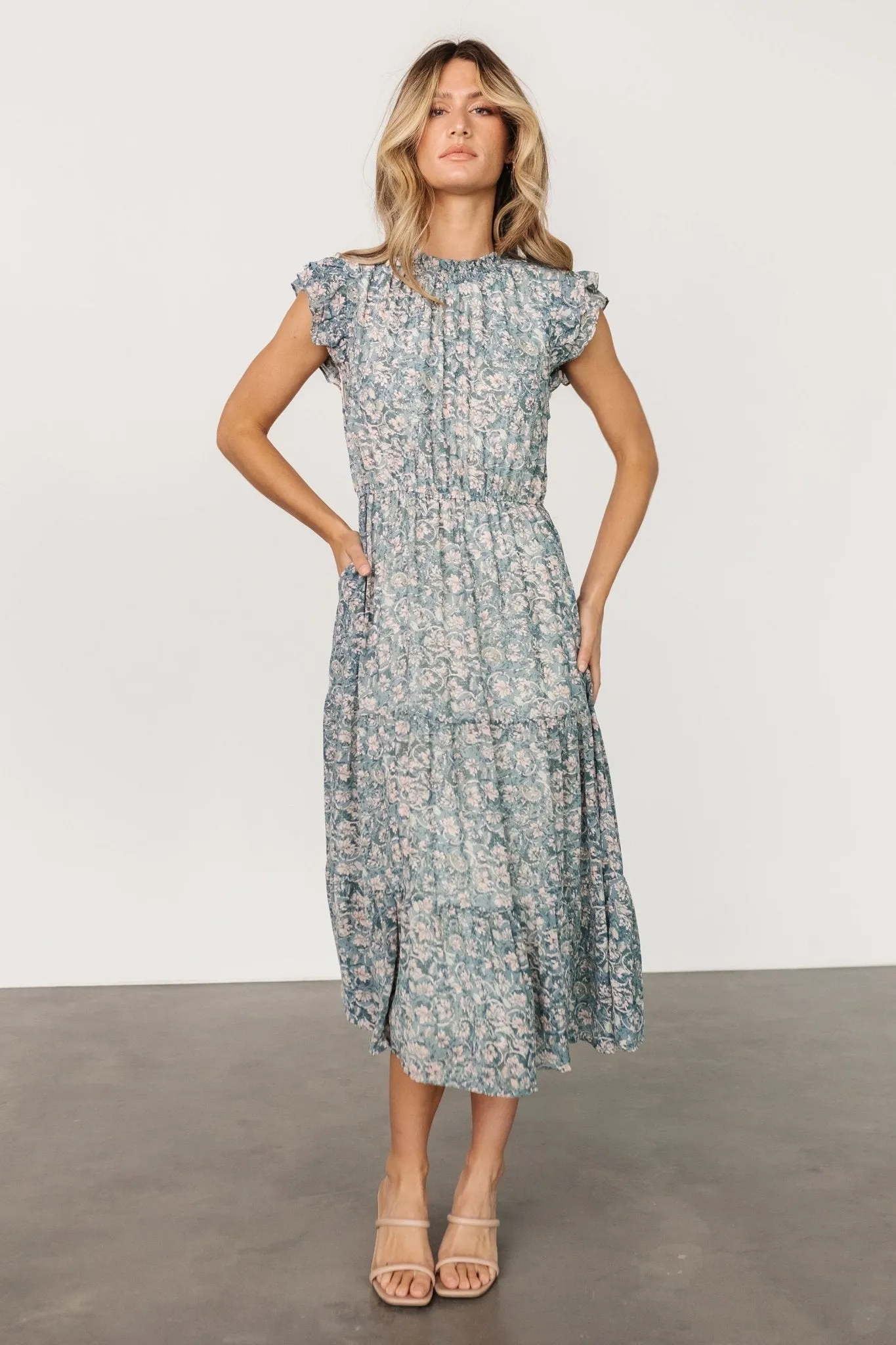 Azia Ruffle Sleeve Midi Dress | Blue + Pink sold by Baltic Born