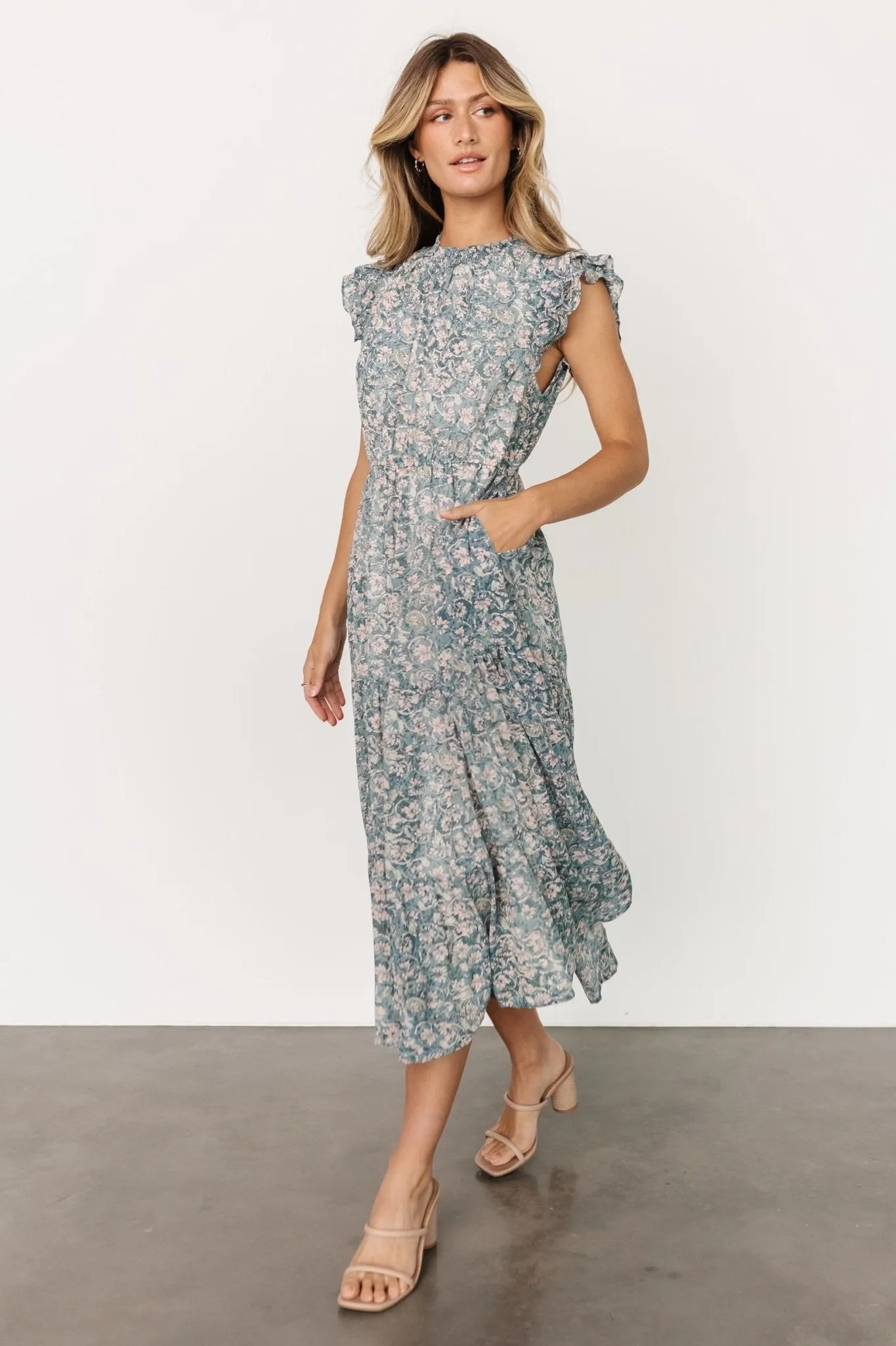 Azia Ruffle Sleeve Midi Dress | Blue + Pink sold by Baltic Born product image thumbnail 5