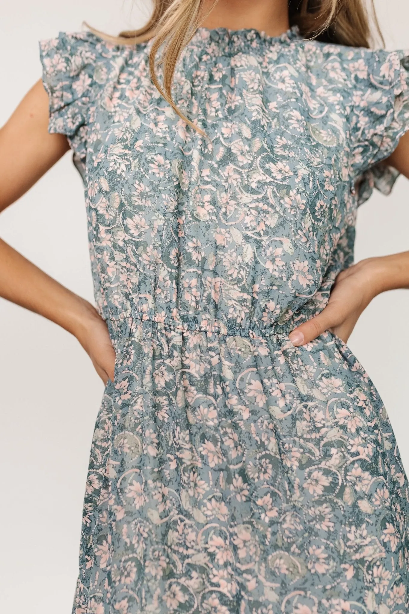 Azia Ruffle Sleeve Midi Dress | Blue + Pink sold by Baltic Born product image thumbnail 2