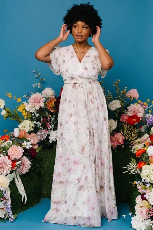 Enya Maxi Dress | White + Lilac Floral sold by Baltic Born