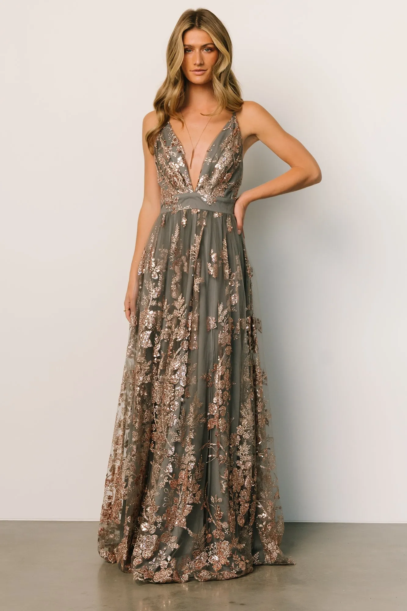 Lucienne Shimmer Maxi Gown | Eucalyptus + Rose sold by Baltic Born