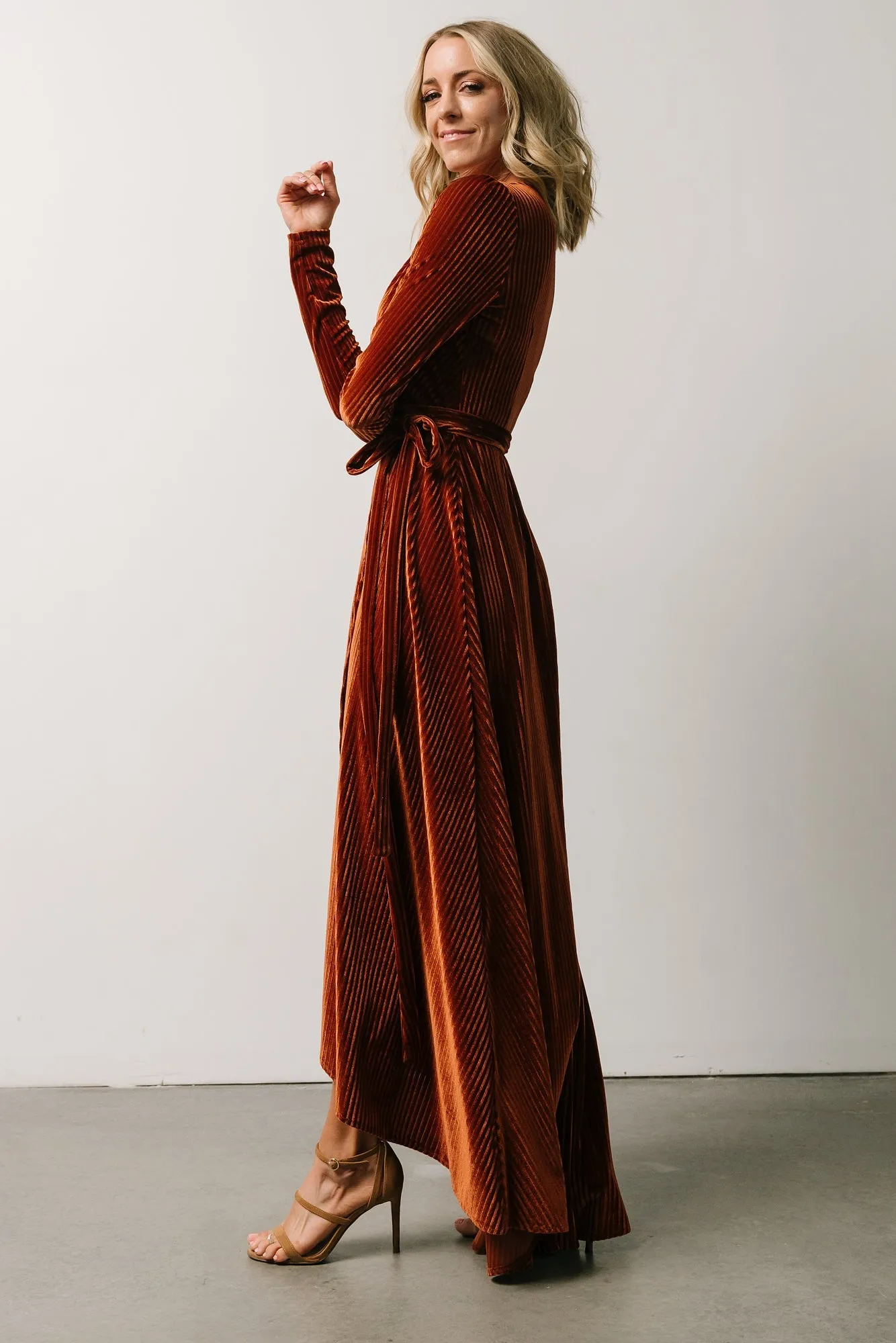 Jada Ribbed Velvet Wrap Dress | Copper sold by Baltic Born product image thumbnail 3