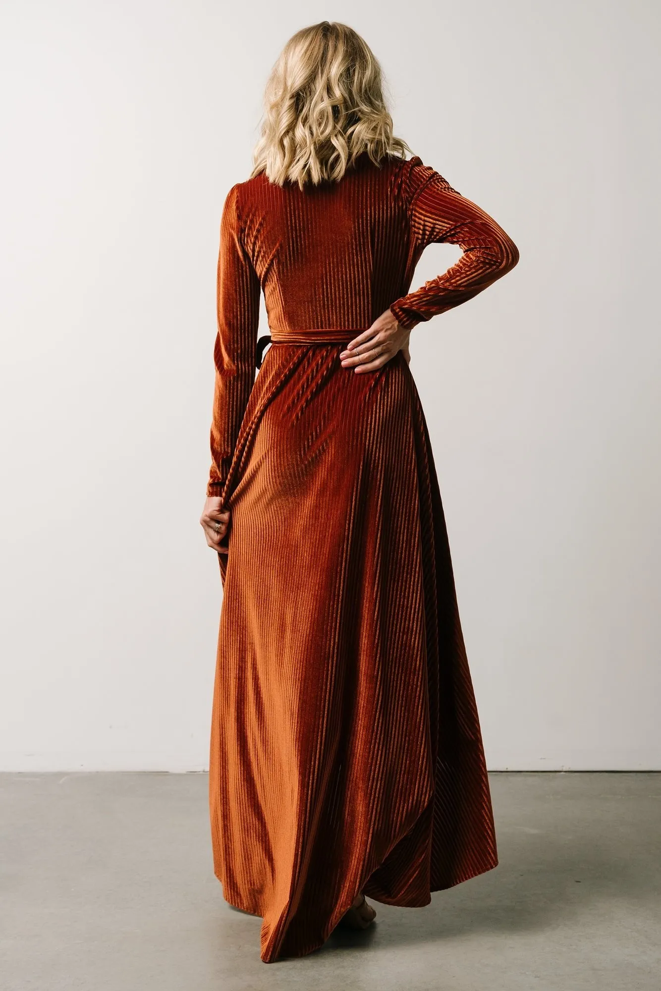 Jada Ribbed Velvet Wrap Dress | Copper sold by Baltic Born product image thumbnail 4