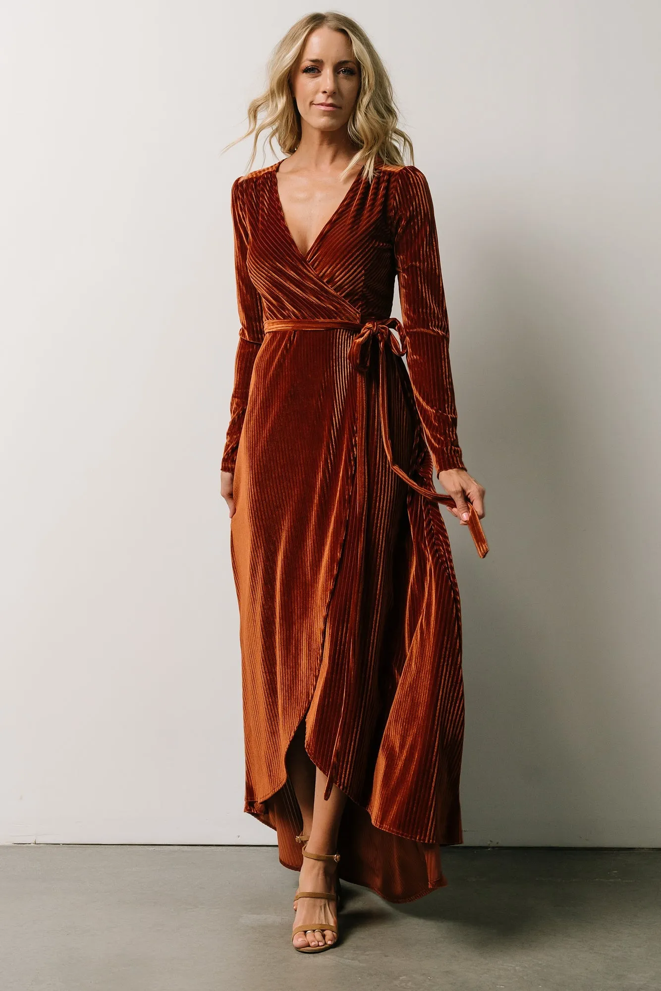 Jada Ribbed Velvet Wrap Dress | Copper sold by Baltic Born
