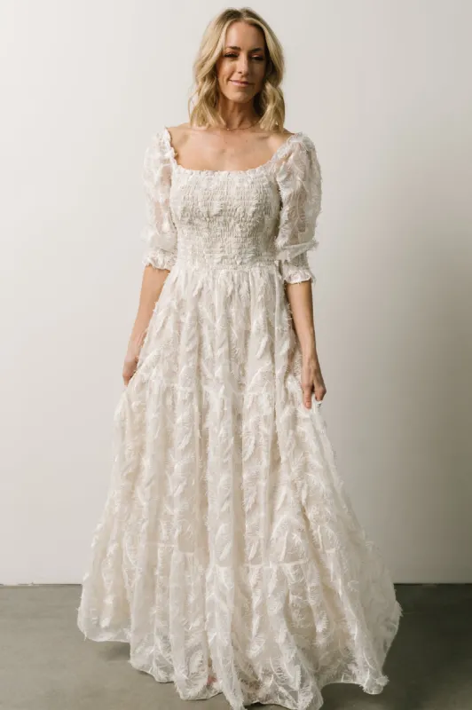 Paloma Smocked Feather Maxi Dress | Off White sold by Baltic Born