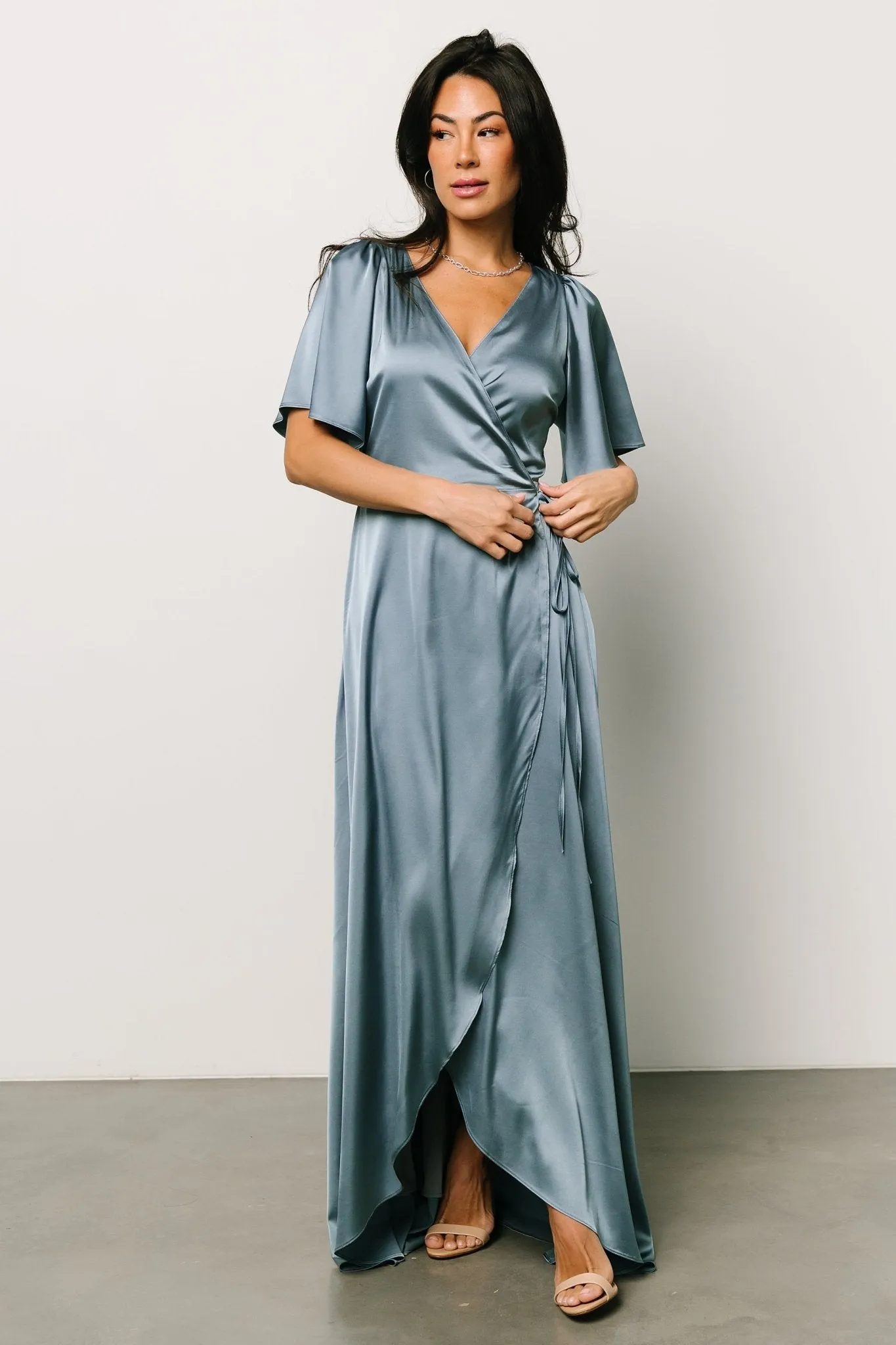Vara Satin Maxi Wrap Dress | Dusty Blue sold by Baltic Born product image thumbnail 4
