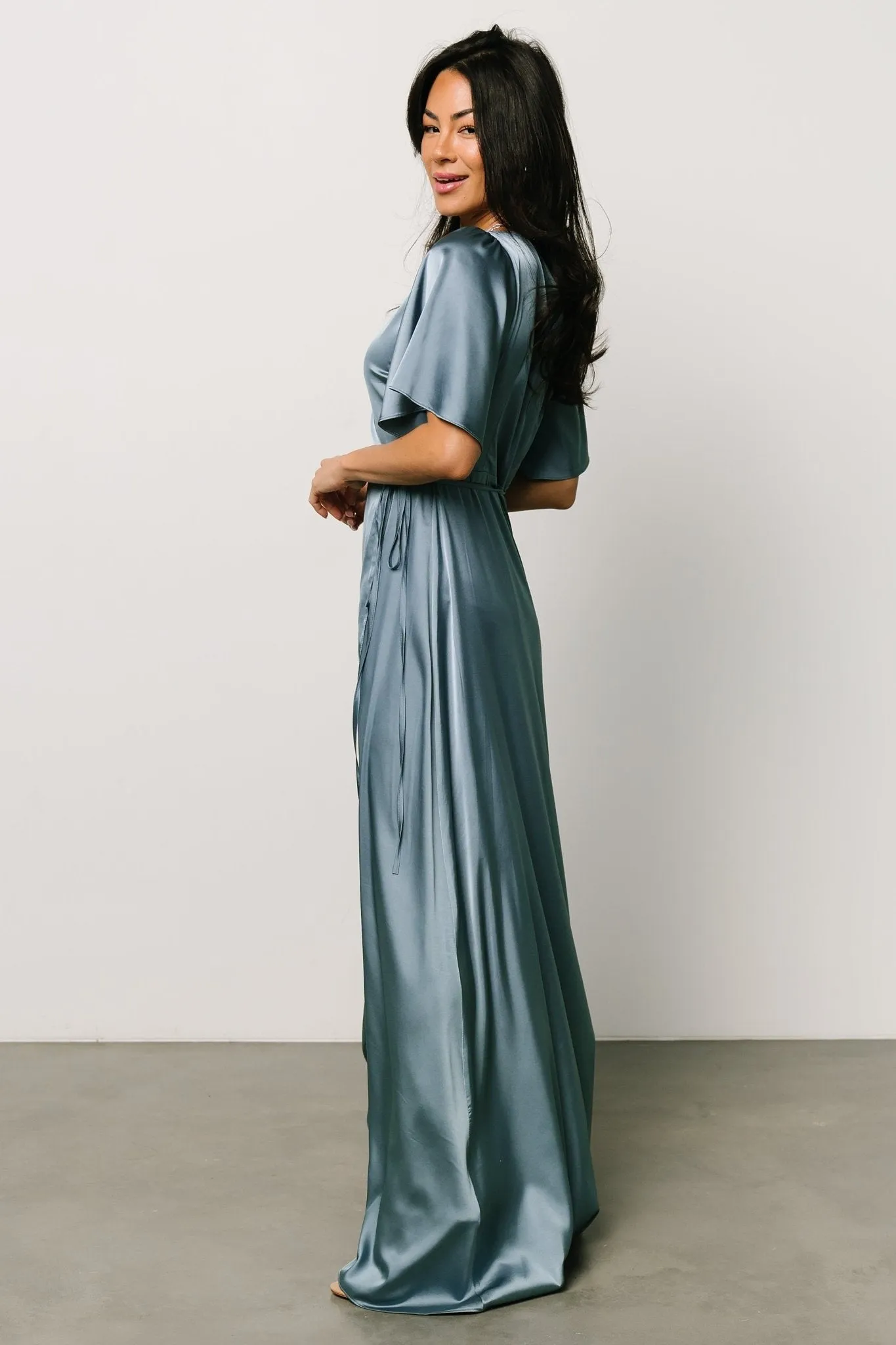 Vara Satin Maxi Wrap Dress | Dusty Blue sold by Baltic Born product image thumbnail 5