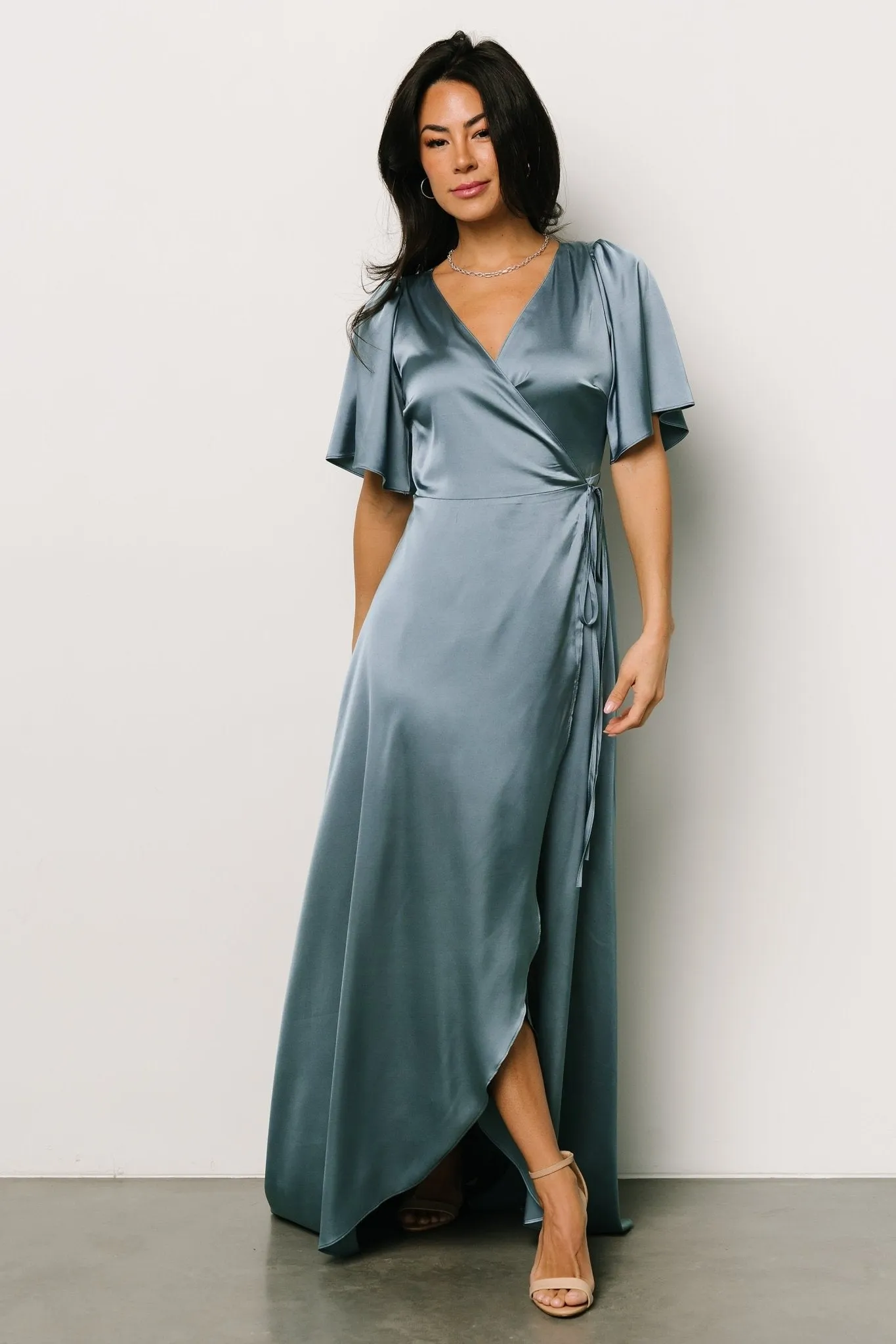 Vara Satin Maxi Wrap Dress | Dusty Blue sold by Baltic Born product image thumbnail 2