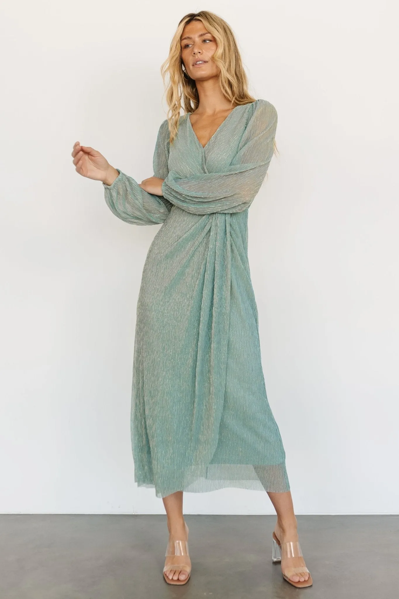 Devlyn Pleated Dress | Blue Sage Shimmer sold by Baltic Born product image thumbnail 4