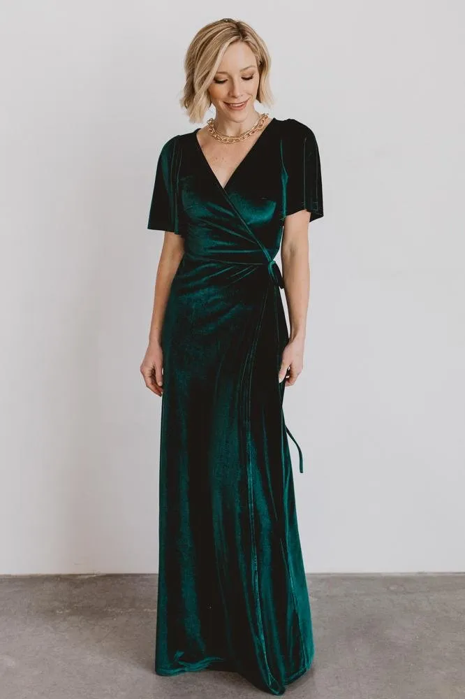 Meghan Velvet Wrap Maxi Dress | Emerald sold by Baltic Born