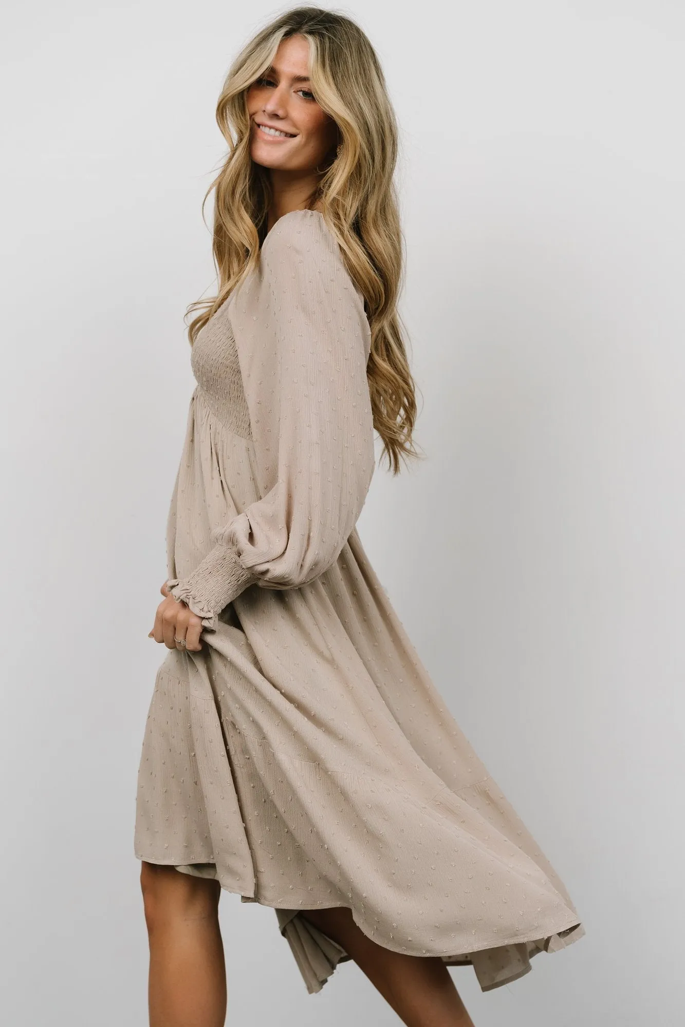 Lainey Smocked Dotted Midi Dress | Beige sold by Baltic Born product image thumbnail 4