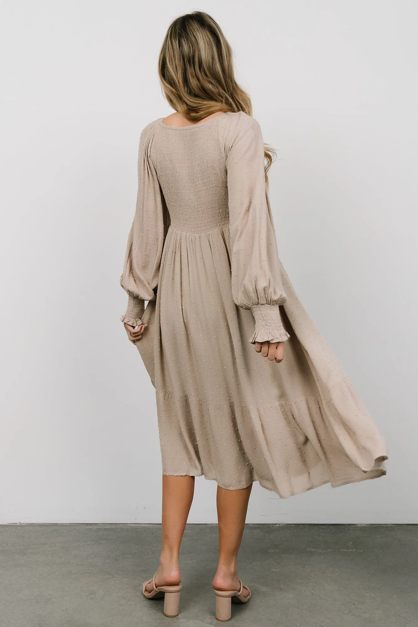 Lainey Smocked Dotted Midi Dress | Beige sold by Baltic Born product image thumbnail 5