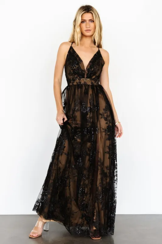 Lucienne Shimmer Maxi Gown | Black + Nude sold by Baltic Born