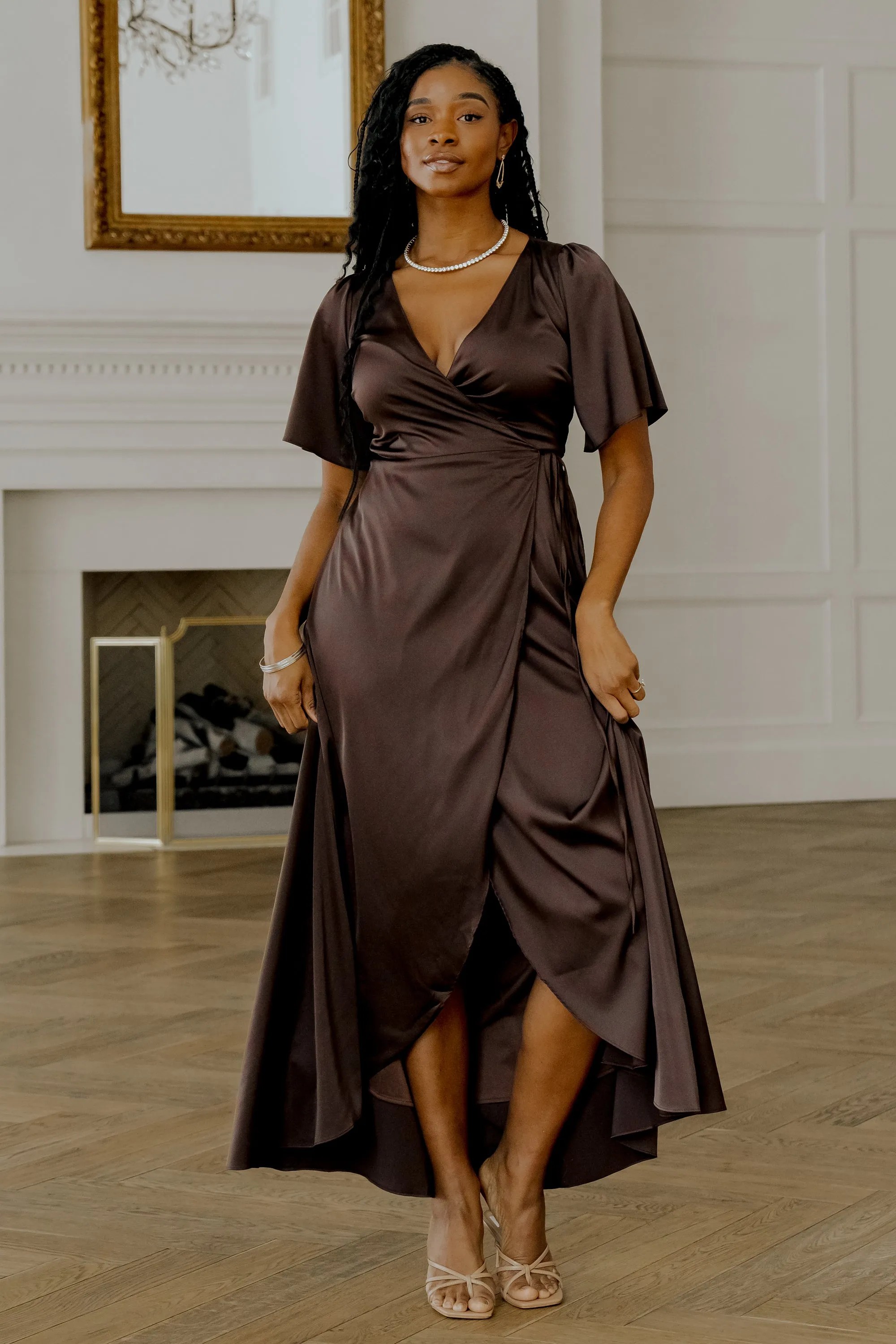 Vara Satin Maxi Wrap Dress | Espresso sold by Baltic Born