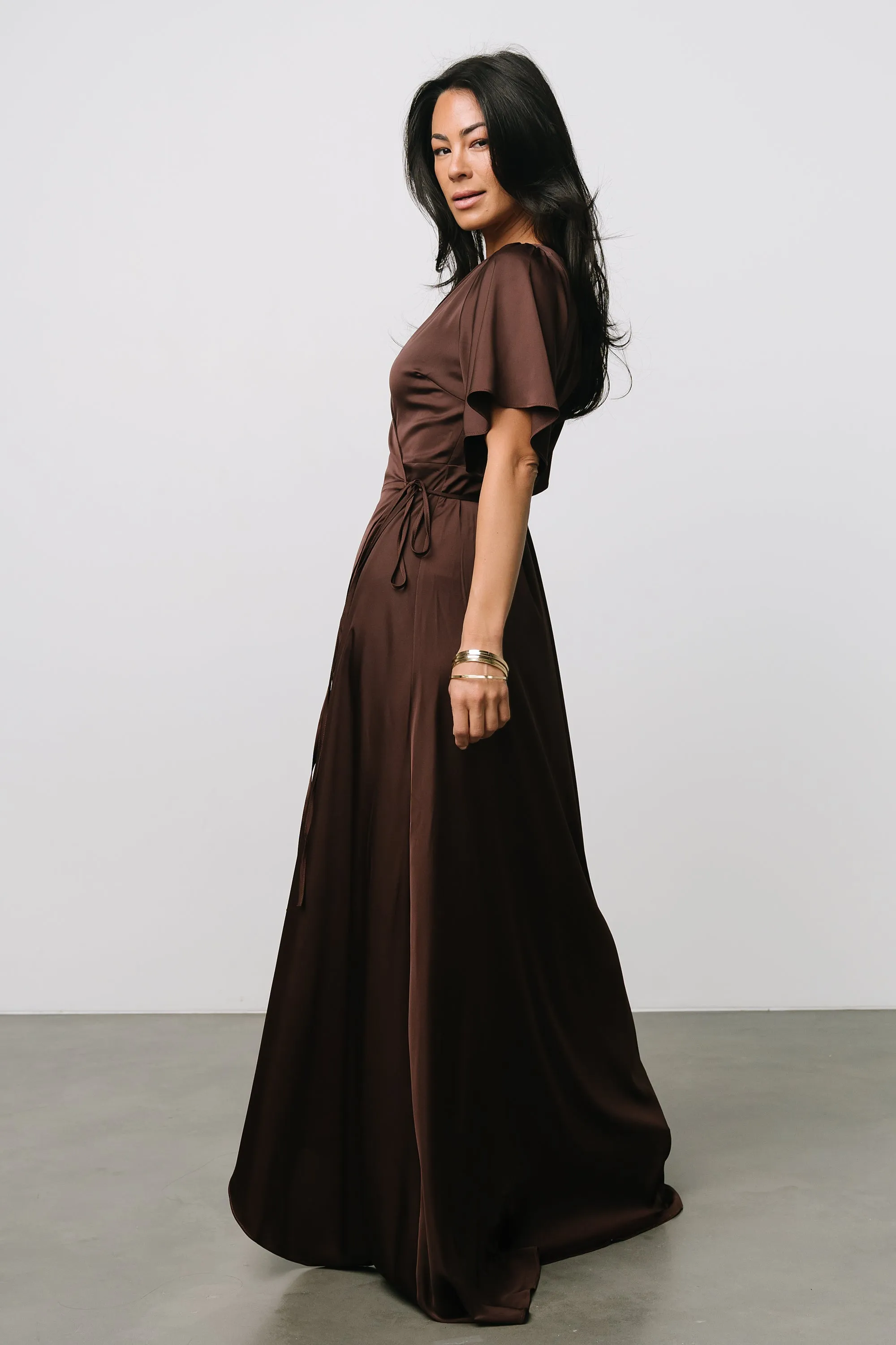 Vara Satin Maxi Wrap Dress | Espresso sold by Baltic Born product image thumbnail 5