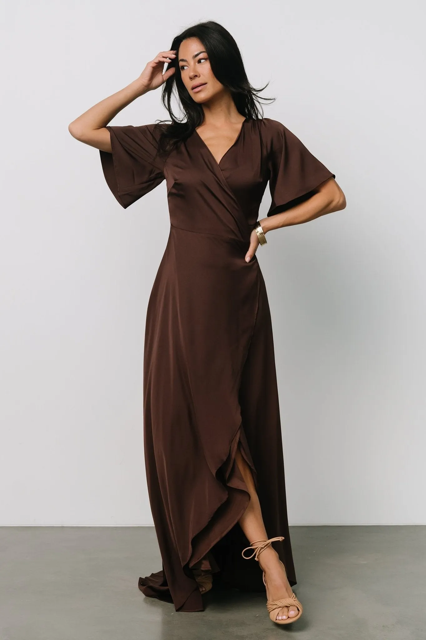 Vara Satin Maxi Wrap Dress | Espresso sold by Baltic Born product image thumbnail 2