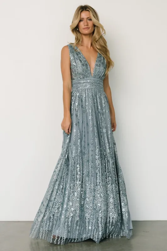 Yvette Sequin Gown | Slate Blue sold by Baltic Born