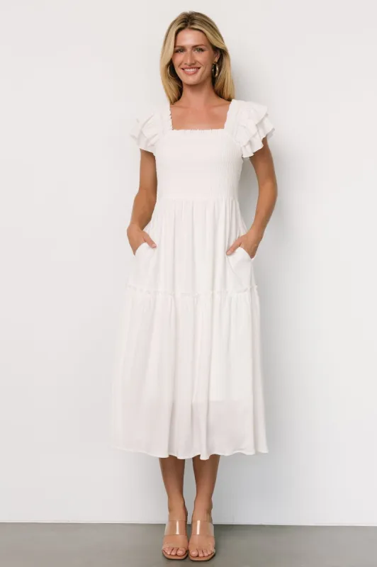 Jacie Smocked Midi Dress | White sold by Baltic Born