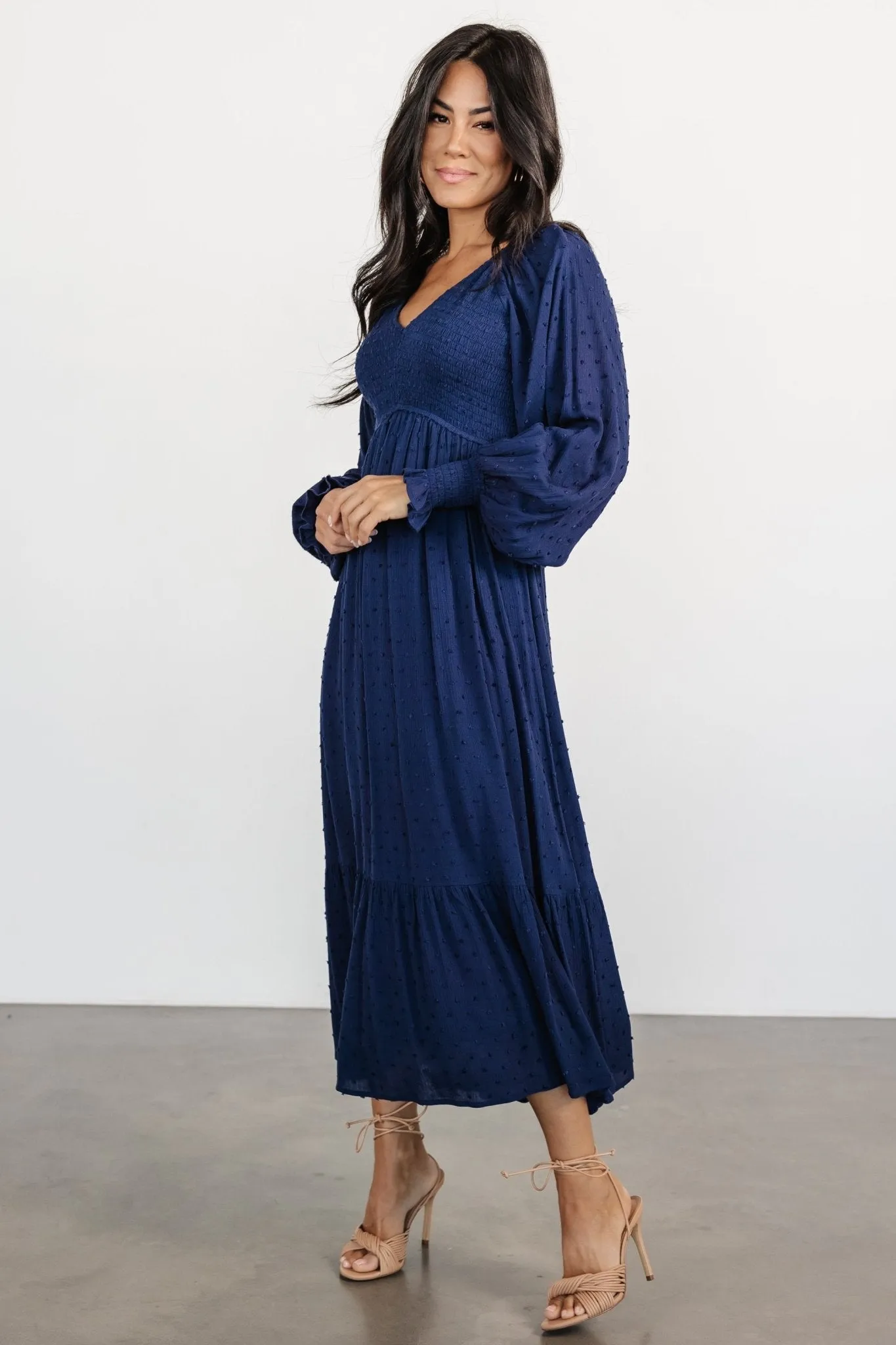 Lainey Smocked Dotted Midi Dress | Midnight Blue sold by Baltic Born product image thumbnail 5