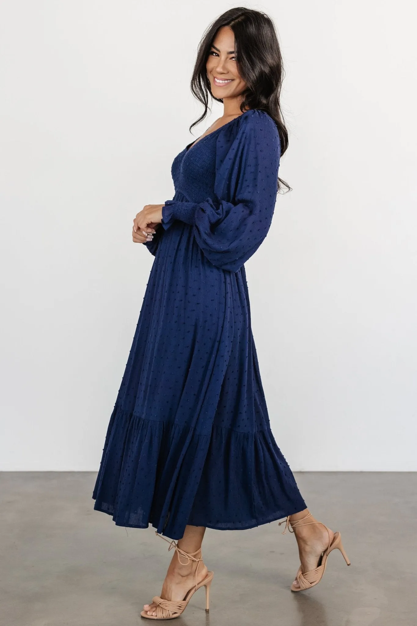 Lainey Smocked Dotted Midi Dress | Midnight Blue sold by Baltic Born product image thumbnail 3