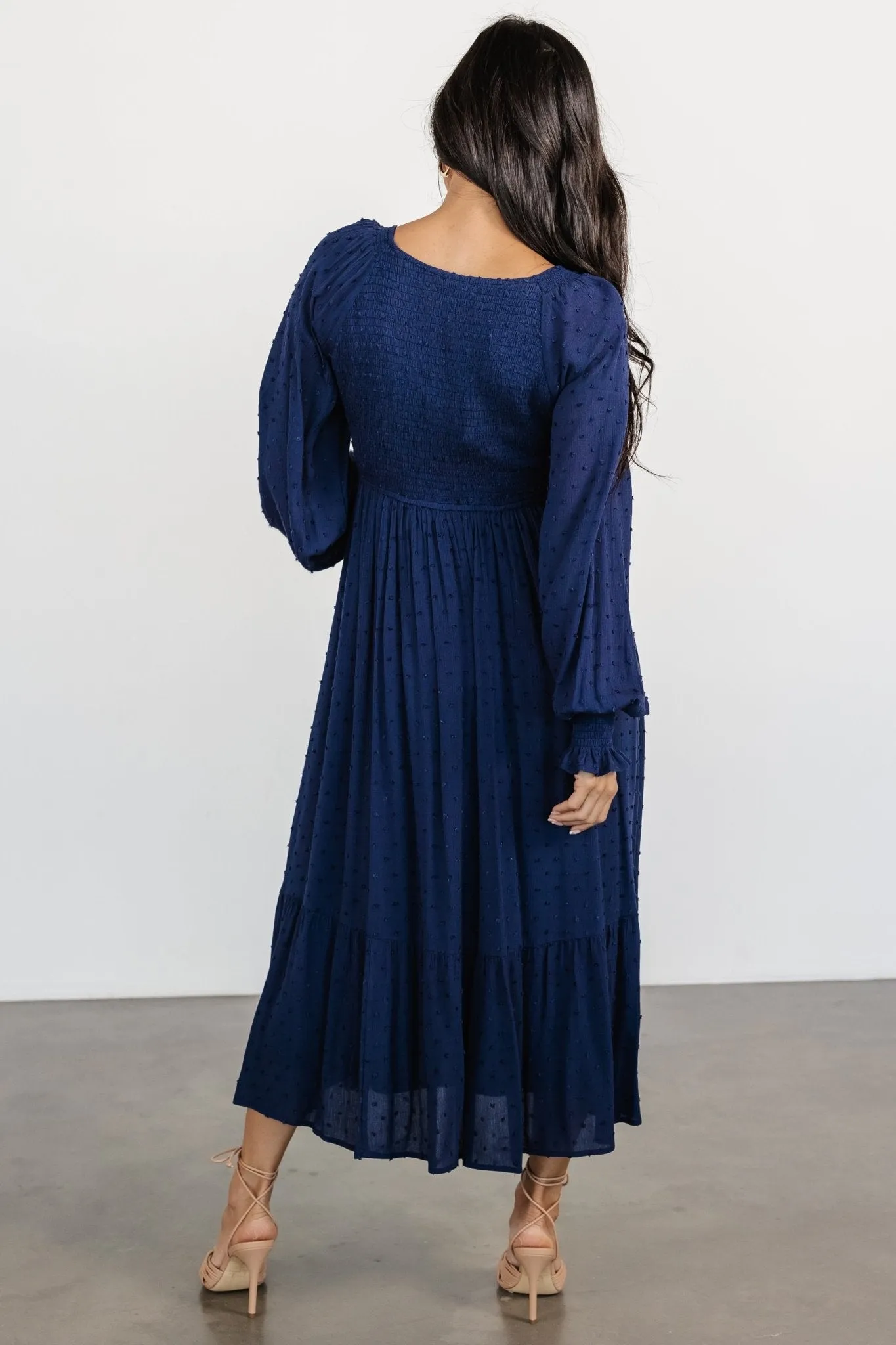 Lainey Smocked Dotted Midi Dress | Midnight Blue sold by Baltic Born product image thumbnail 4