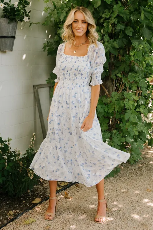 Fabian Jacquard Midi Dress | Blue Floral sold by Baltic Born