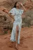Verona Smocked Maxi Dress | White + Blue Print sold by Baltic Born