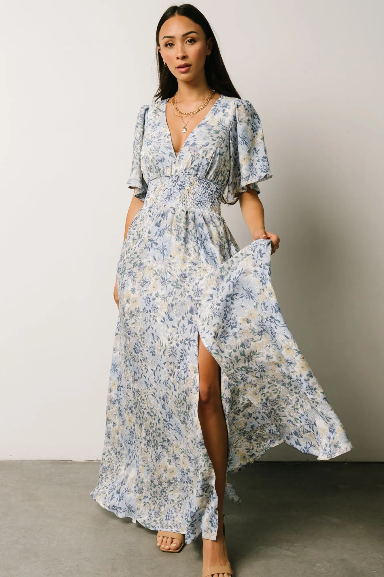 Verona Smocked Maxi Dress | White + Blue Print sold by Baltic Born product image thumbnail 2