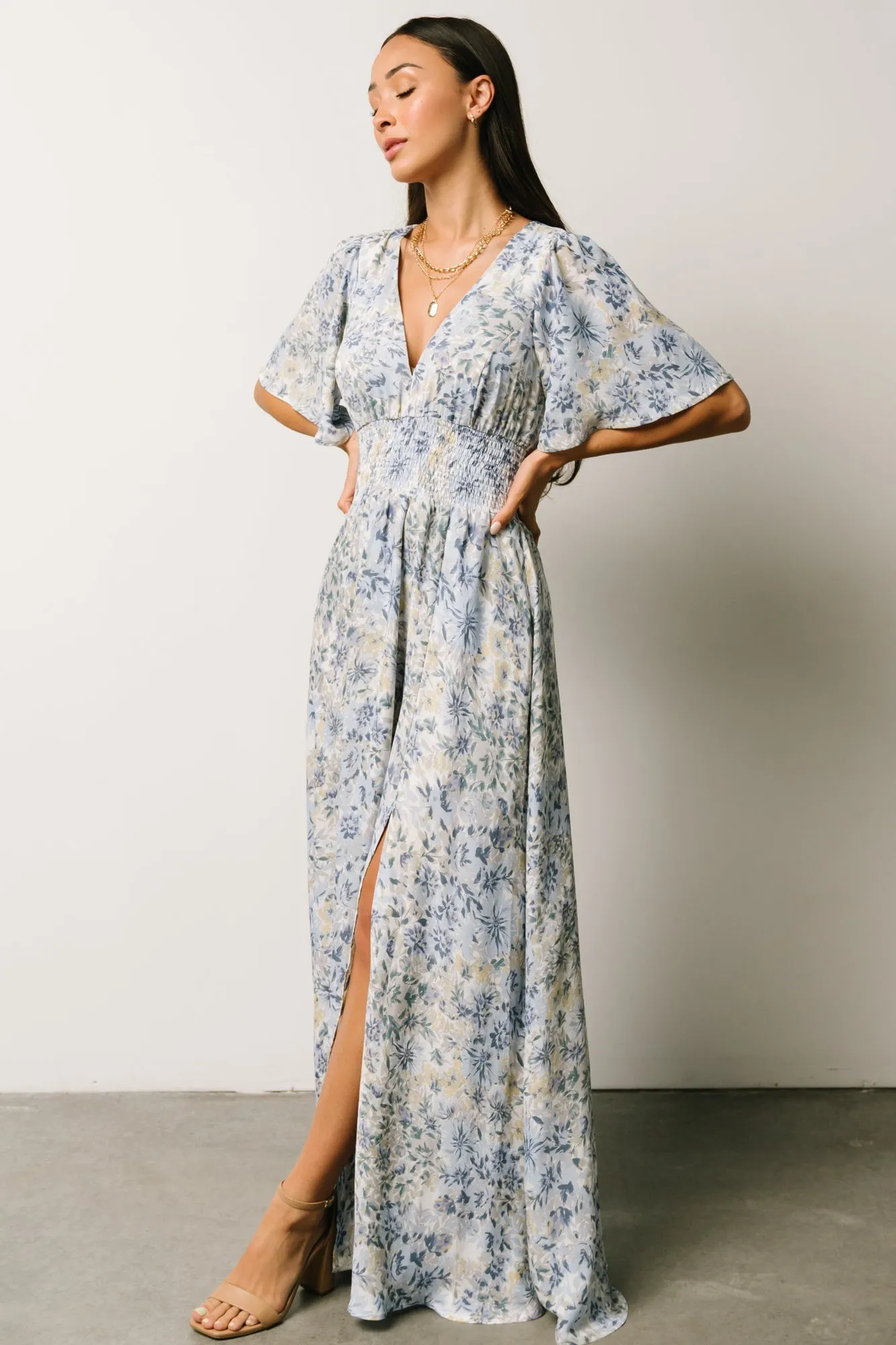 Verona Smocked Maxi Dress | White + Blue Print sold by Baltic Born product image thumbnail 4