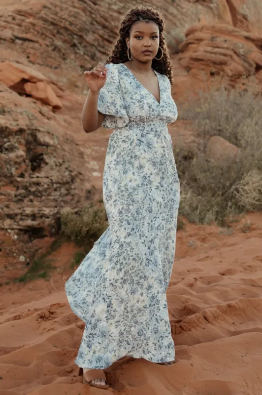 Verona Smocked Maxi Dress | White + Blue Print sold by Baltic Born