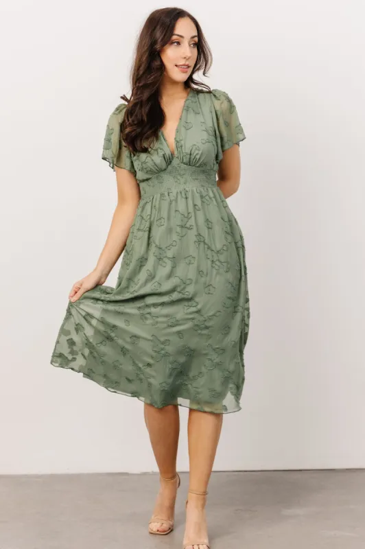 June Smocked Midi Dress | Green sold by Baltic Born