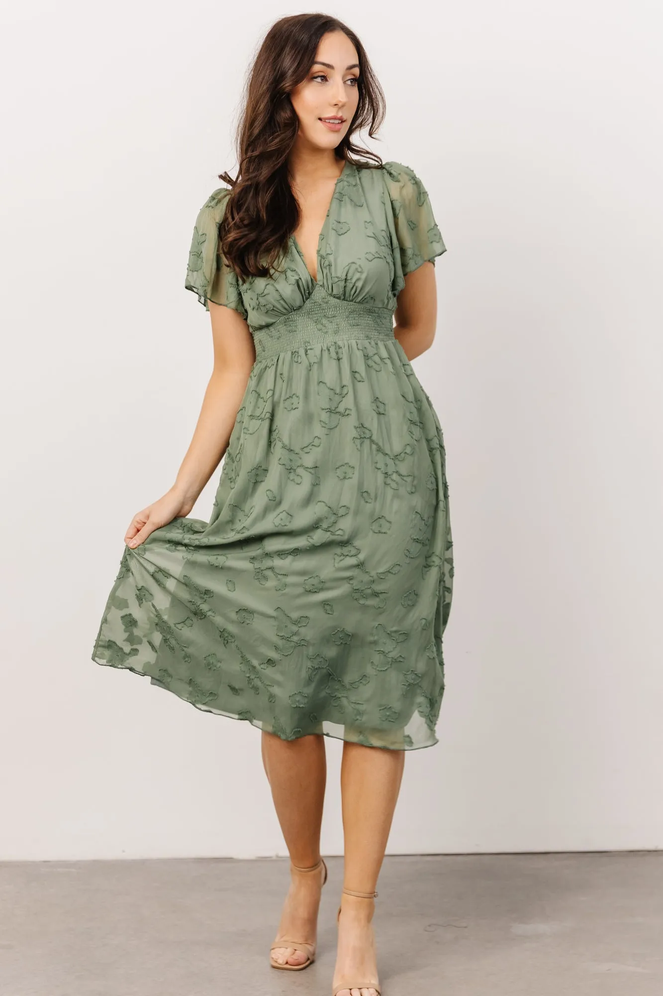 June Smocked Midi Dress | Green sold by Baltic Born
