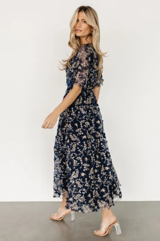 Arabella Embroidered Tulle Maxi Dress | Navy + Gold | Parallel