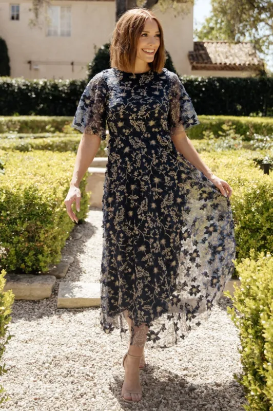 Arabella Embroidered Tulle Maxi Dress | Navy + Gold sold by Baltic Born