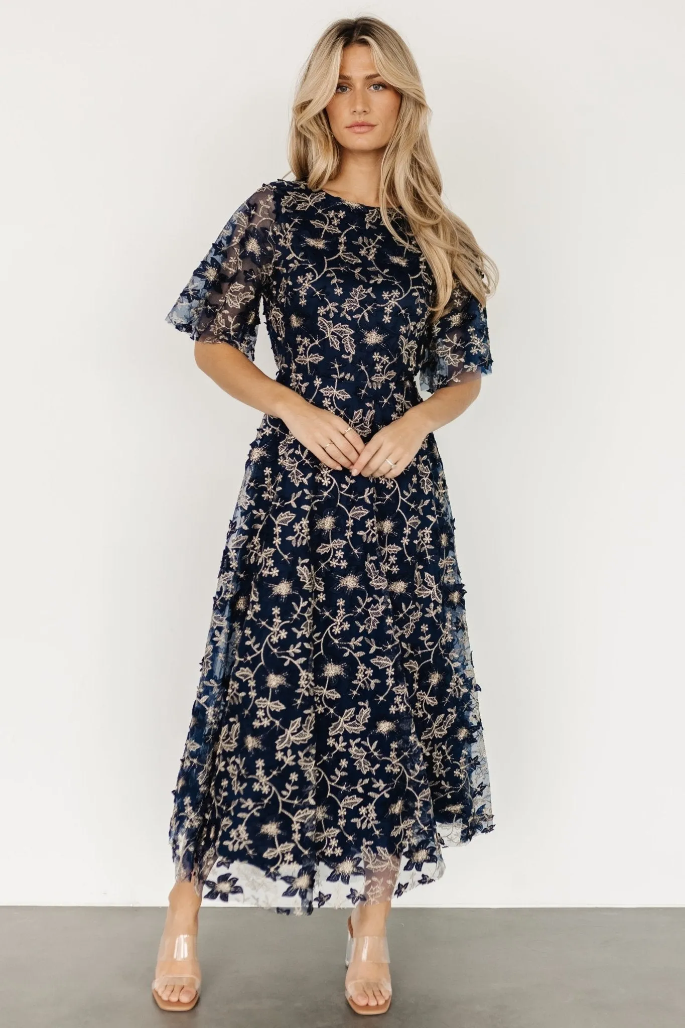 Arabella Embroidered Tulle Maxi Dress | Navy + Gold sold by Baltic Born product image thumbnail 2