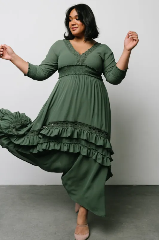 Pippa Ruffle Maxi Dress | Dusty Green sold by Baltic Born