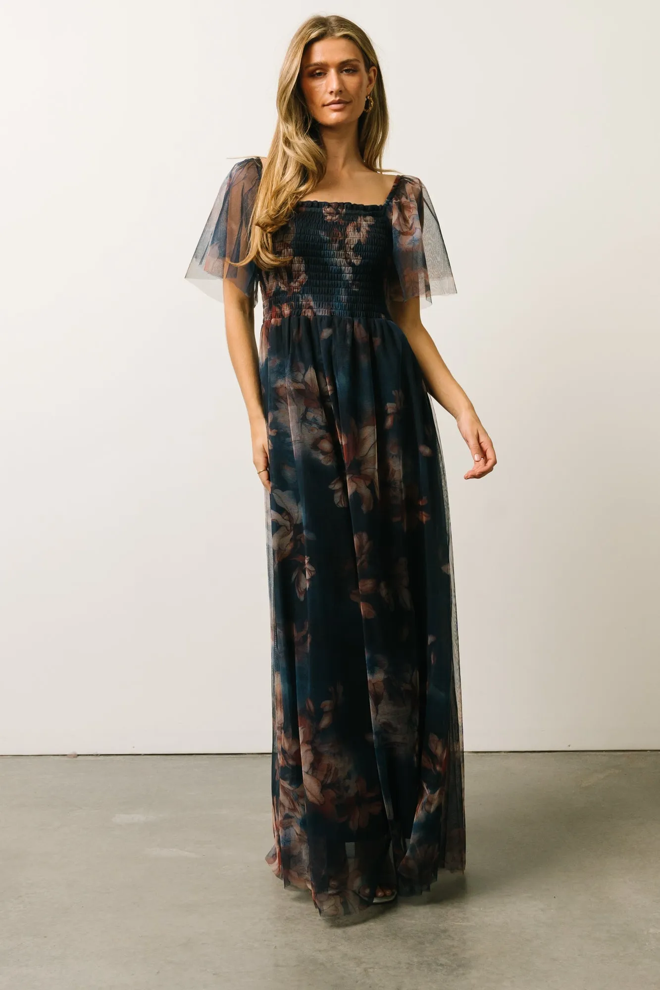 Cassandra Tulle Maxi Dress | Dark Blue Floral sold by Baltic Born product image thumbnail 3