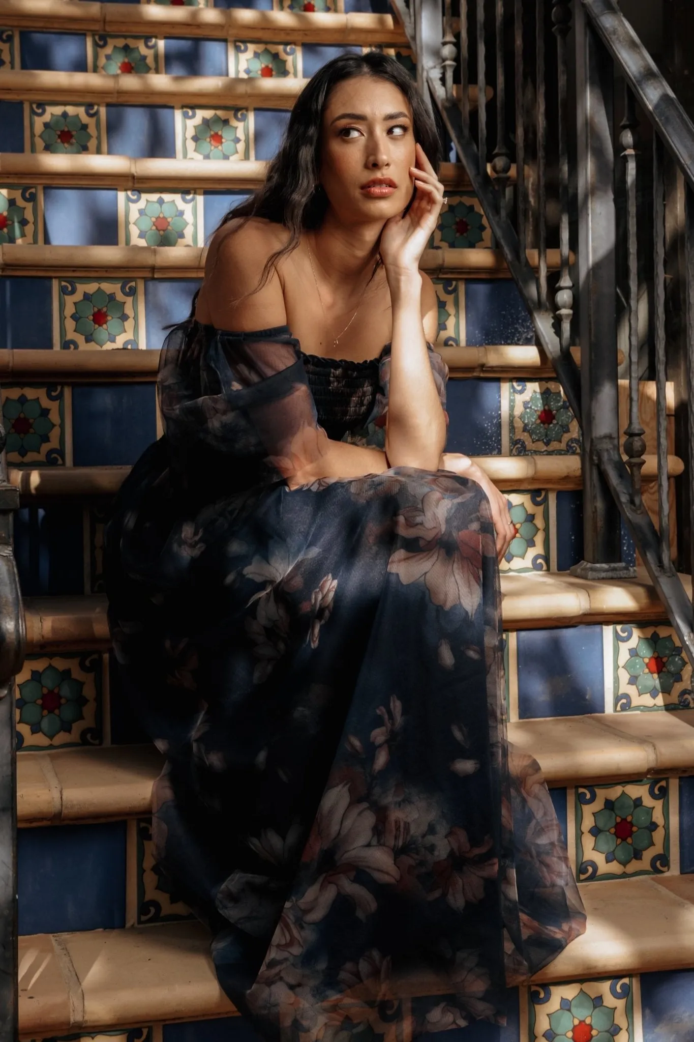 Cassandra Tulle Maxi Dress | Dark Blue Floral sold by Baltic Born product image thumbnail 2
